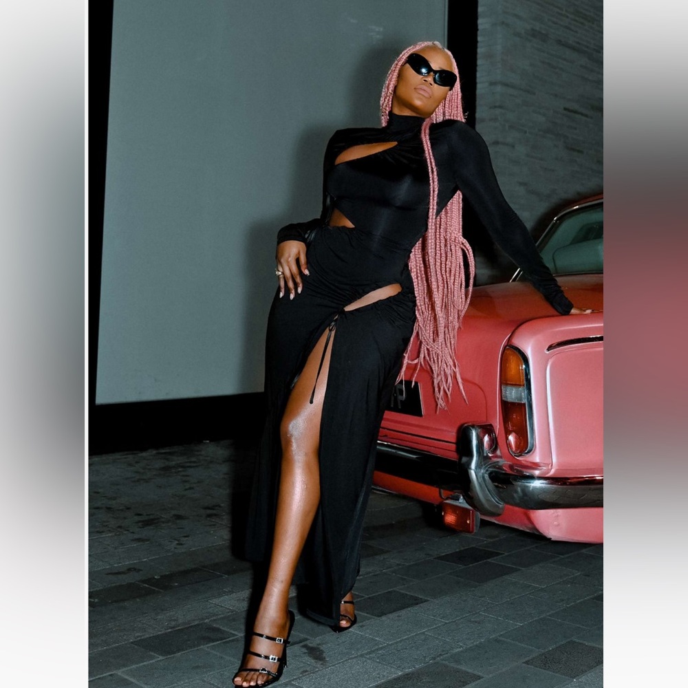 Labelrail x Juliette Foxx Cut-out Slinky Maxi Dress - Black - Size US 10/UK 14